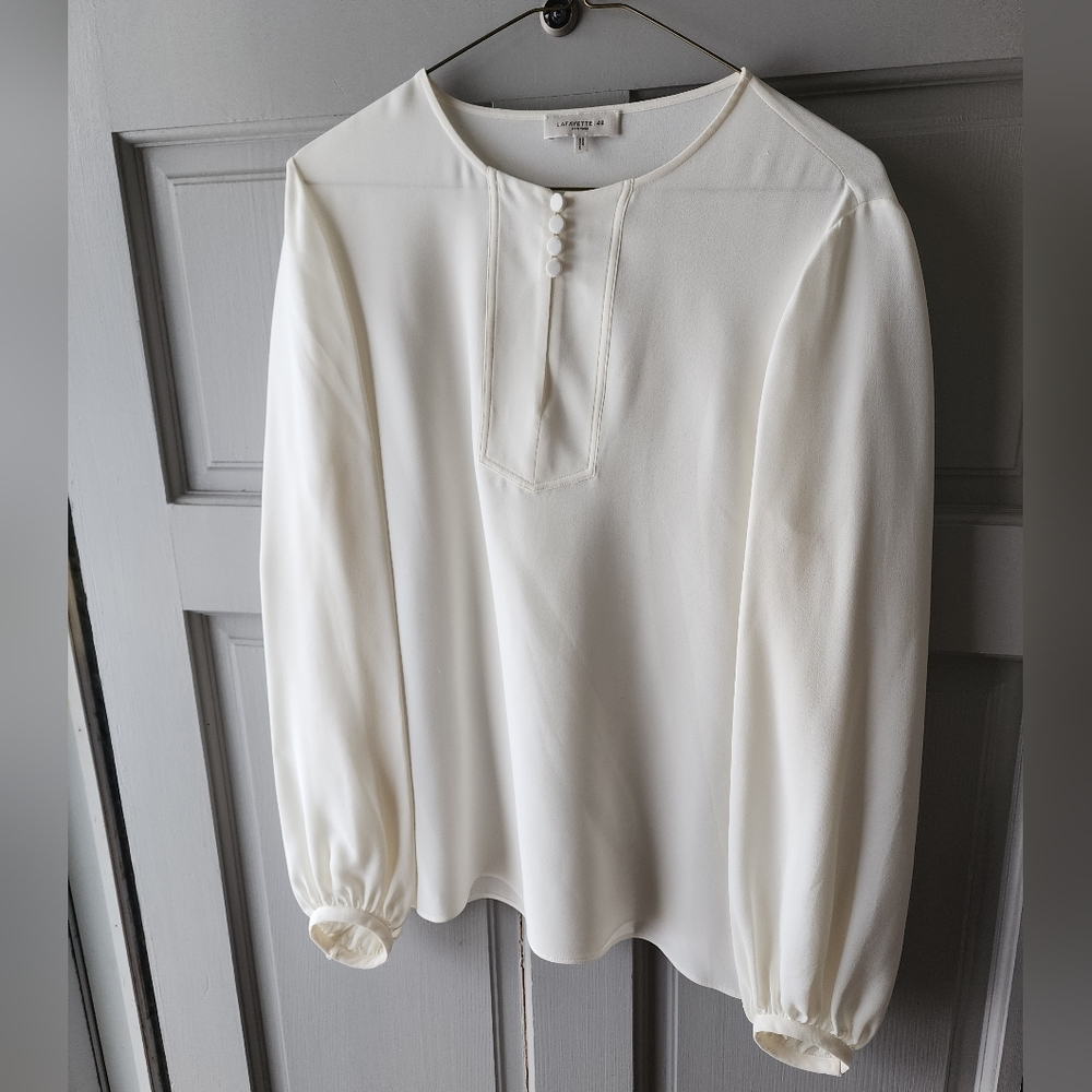LAFAYETTE 148 White/Ivory Round Neck Long Sleeved Blouse Women's Size Medium